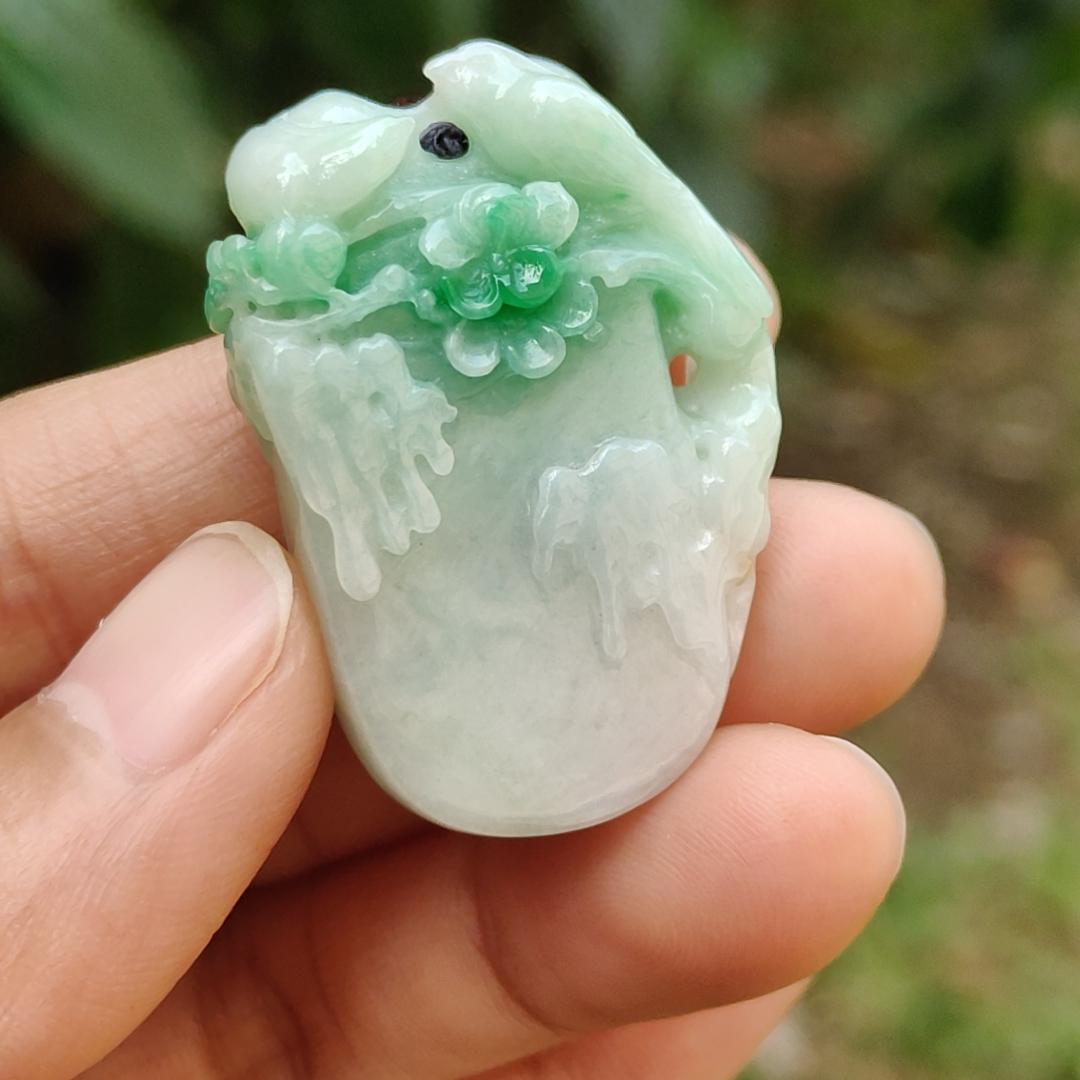 Beautifully crafted with birds and flower light green Natural Type A Jadeite Jade as Pendant, certificate weighs 18.63 grams, measurement 38.3 * 25.9 * 9.6 (pendant247)