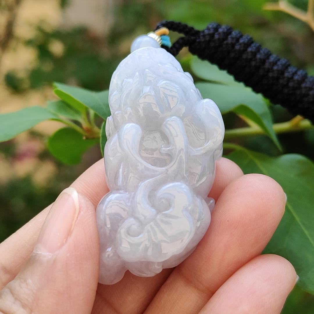 Light Lavender Natural Type A Jadeite Pendant carved as Pixiu with ruyi symbols of Joy and good luck, certificate included weigh 26.95 grams, 45.8 * 23.8 * 12.8 mm, suitable for daily wear boosting your luck (pendant75)