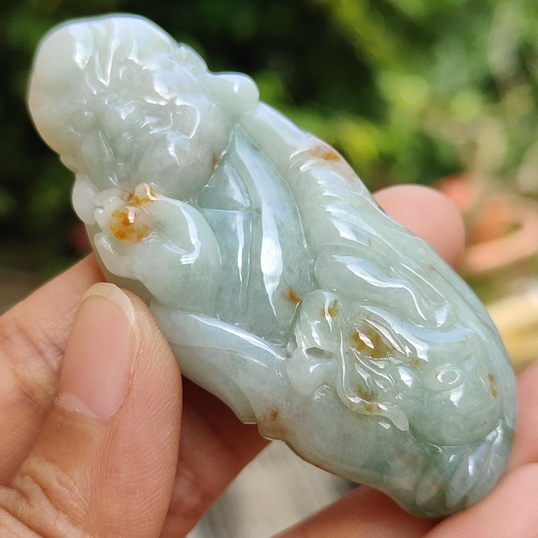 Light Green with Golden Yellow Patches Super Rare Natural Type A Jadeite Jade crafted with Arhat as Pendant, certificate weighs 57.71 grams, measurement 69.7 * 39.3 * 14.5 mm (pendant263)