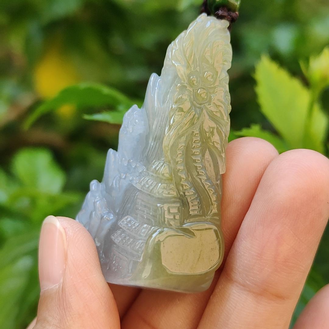 Very Unique and Rare Light Purple with Yellow Natural Type A Jadeite Pendant Crafted with waterfall, moutain, houses and coconut trees, symbols of money, power of life, Extend upwards with certificate weigh 31.55 grams, 49 * 32.3 * 13.5 mm, (pendant70)