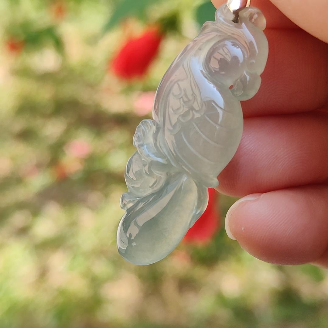 Premium Old Pit Rare Green Hue Icy Translucent Natural Type A Jadeite Jade crafted with Parrot as Pendant for the collectors, certificate weigh 6.25 grams, measurement 41.6 * 15.2 * 6.5 mm (pendant213)