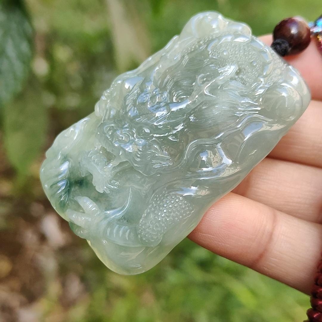 Premium Full Green with Green patches Rare Natural Type A Jadeite Jade Pendant Necklace Crafted as Dragon with certificate weigh 40.07 grams, 53.6 * 36 * 12.3 mm (pendant168)