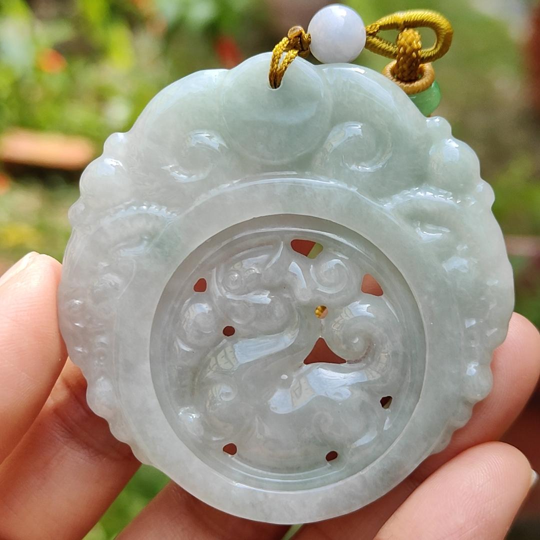 Light Green Hue Natural Type A Jadeite Jade Crafted with 3 Sheeps and Pixiu Hollow Old School Style as a Pendant with certificate weigh 30.99 grams, measurement 56.5 * 55.2 * 6 mm (pendant203)