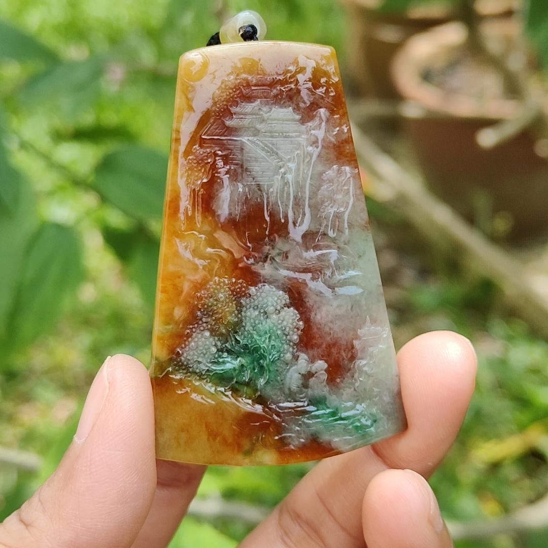 Very Rare Green, Red and Yellow Natural Type A Jadeite Jade Pendant Necklace with Sceneries, certificate included weigh 29.84 grams, measurement 61.6 * 39.7 * 5.8 mm (pendant183)