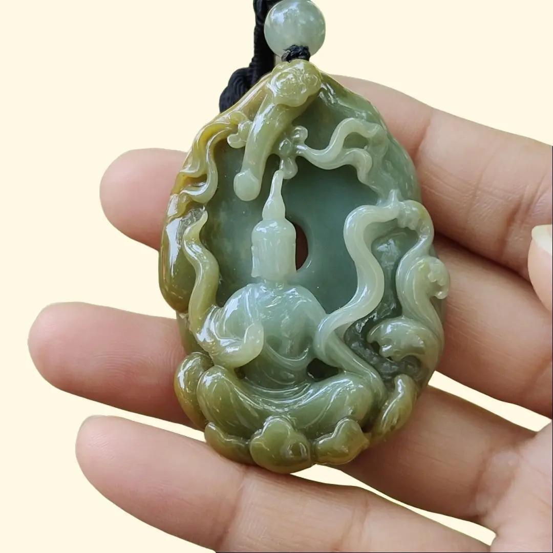 Good Quality Yellow and Green Natural Type A Jadeite Jade crafted with Ruyi and Faceless Buddha as Pendant, QIC approved labs certificate weigh 45.18 grams, measurement 53.1 * 38.3 * 14.8 mm (pendant273)