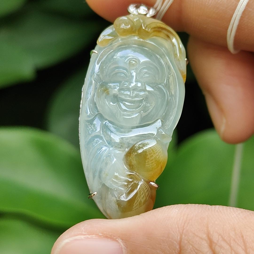 High Quality Icy Yellow Translucent Natural Type A Jadeite Jade crafted as Milo Buddha set with 18k Gold as Pendant, certificate weighs 9.1 grams, measurements 46.1 * 18.7 * 9.5 mm (18kp60)