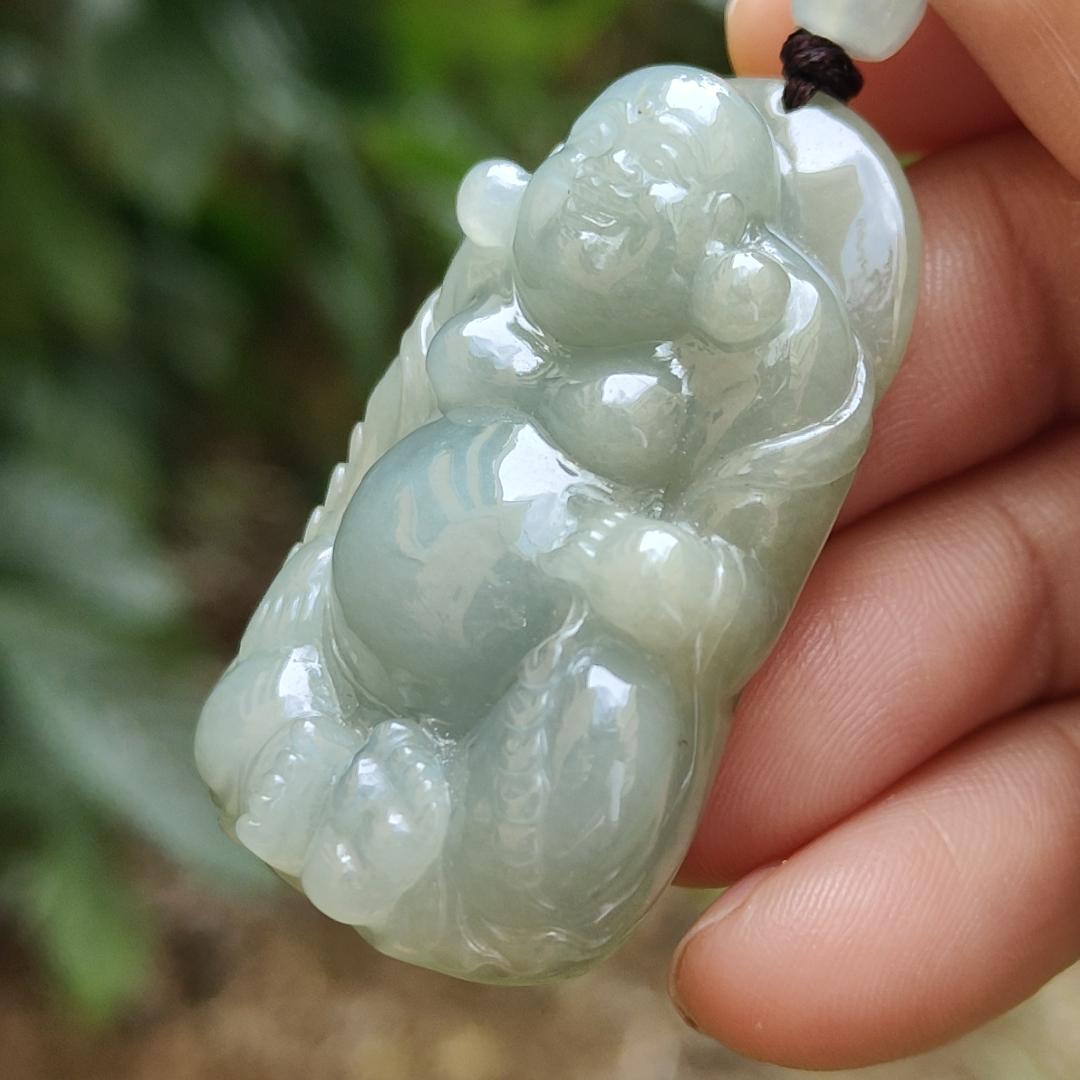 Light Green Natural Type A Jadeite Jade crafted with Milo Buddha as Pendant, certificate weighs 27.52grams, measurement 44.3 * 27.9 * 11.6 mm (pendant248)