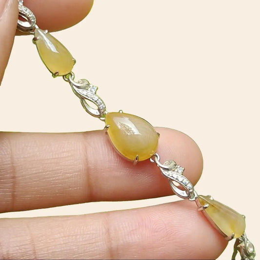 Excellent Yellow Cabochons Semi to Icy Translucent Quality Natural Type A Jadeite Jade as Bracelet set on S925, certificate weighs 3.95 grams, measurement see descriptions(s925b2)