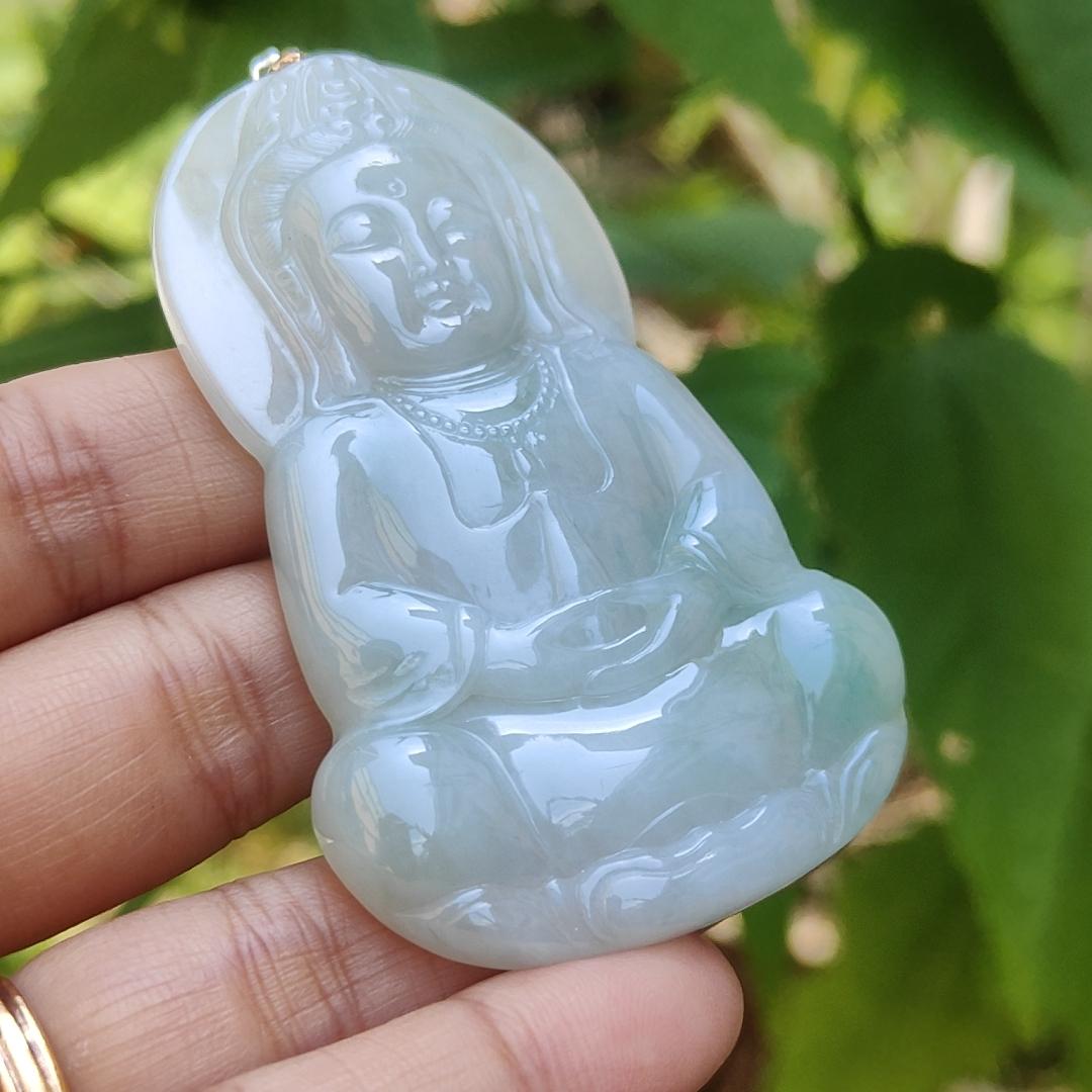 Old school Light Green Natural Type A Jadeite Jade Pendant Necklace Crafted as Guanyin with certificate weigh 33.21 grams, measurement 66 * 42.7 * 6.8 mm (pendant188)