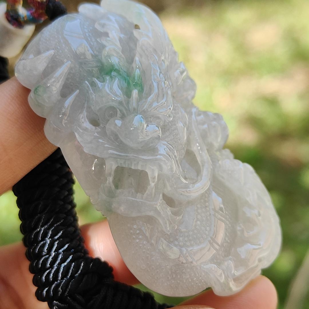 High Quality Semi Icy Translucent Light Green Light Lavender Natural Type A Jadeite Jade crafted with Dragon as Pendant, certificate weighs 35.24 grams, measurement 55.7 * 33.3 * 13.3 mm (pendant264)