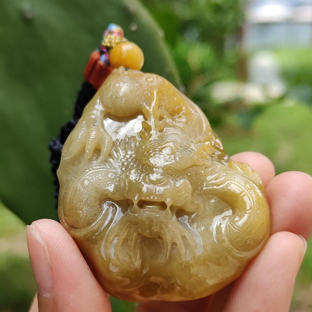 Rare Premium Quality Yellow with Redish and White Natural Type A Jadeite Jade crafted with Dragon as Pendant, for the collectors version, Certificate weigh 75.98 grams, measurement 56 * 42.20 * 23.30 mm (pendant215)