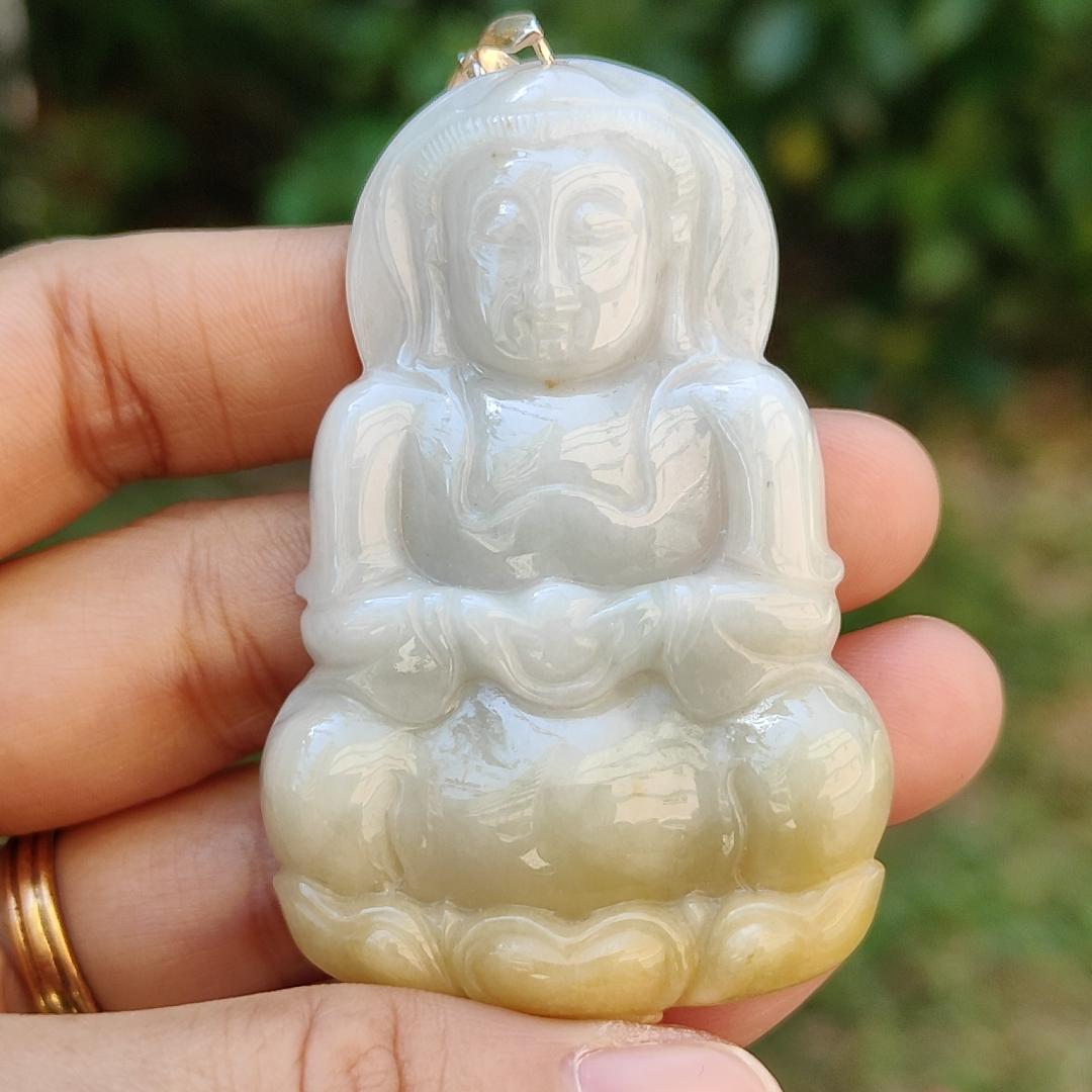 Yellow and White Guanyin Pendant Necklace Natural Type A Jadeite with certificate included weigh 25.08 grams, 59.1 * 38.6 * 7 mm, suitable for your daily wear (pendant6)