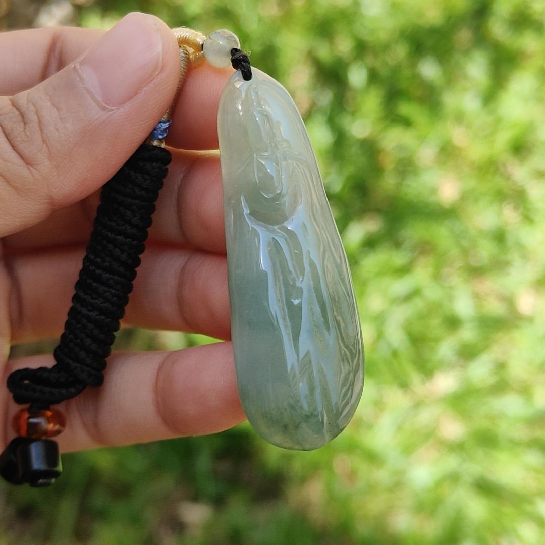 Light Green Natural Type A Jadeite Jade Pendant Necklace crafted with faceless Guanyin with QIC labs approved certificate weigh 11.82 grams, measurement 52 * 17.7 * 5.7 mm (pendant175)