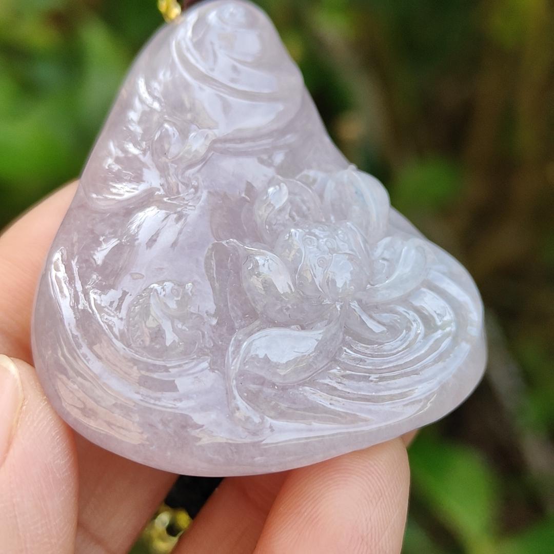 Very Rare Pinkish Lavender Natural Type A Pendant carved with lotus flower and fish with NGI Gemstone report weight 204.27 grams, 51.50 * 42.43 * 12.85 mm , Full Lavender Translucent fine grain crystal aggregate very rare pendant (pendant130)