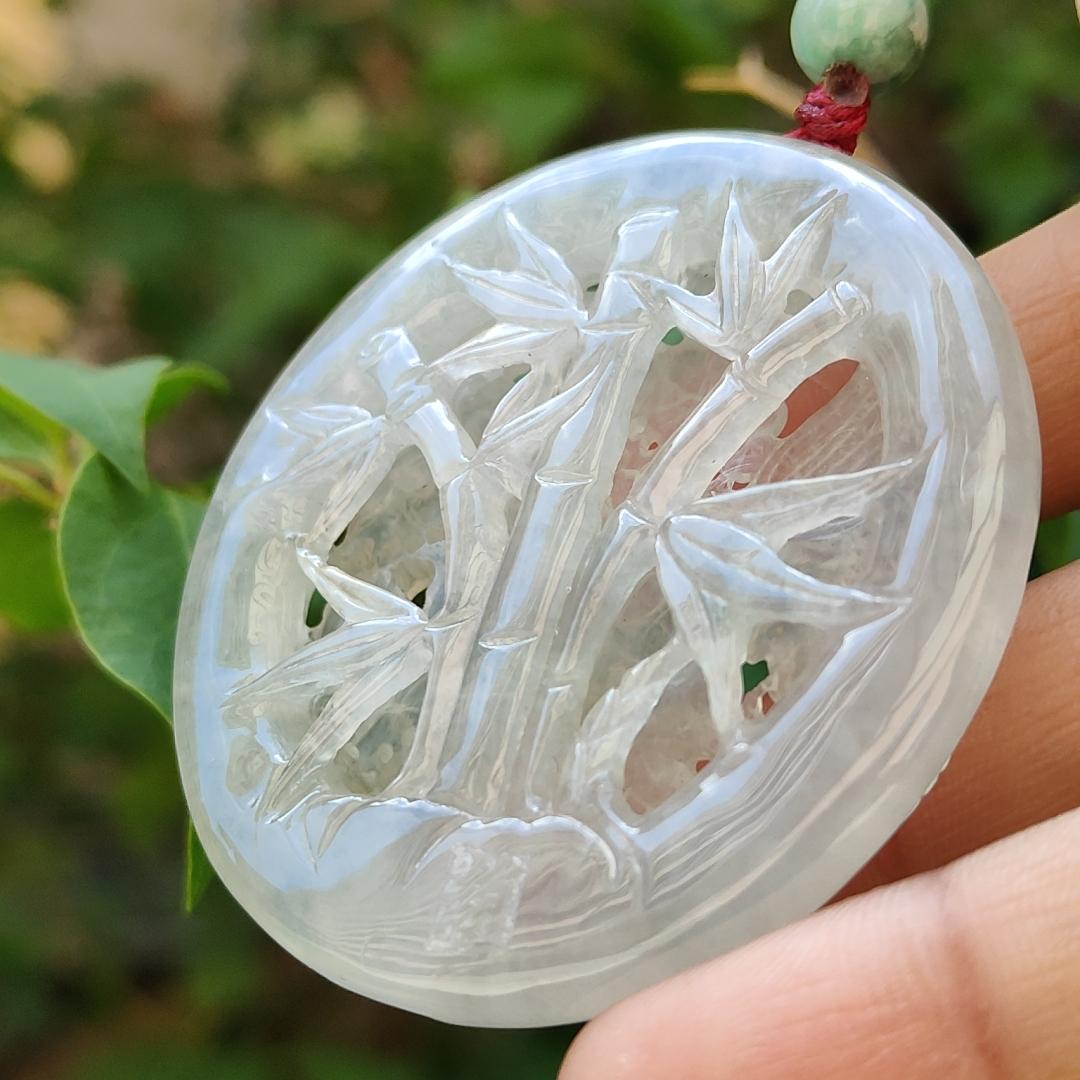 Highly Translucent Icy Natural Type A Jadeite Pendant Carved with Cranes, Pine Trees and Bamboo meaning Endurance, Perseverance and Never fading with Longevity, certificate included weighs 28.38 grams, 52.5 * 52.5 * 6.1 mm, for collection (pendant90)