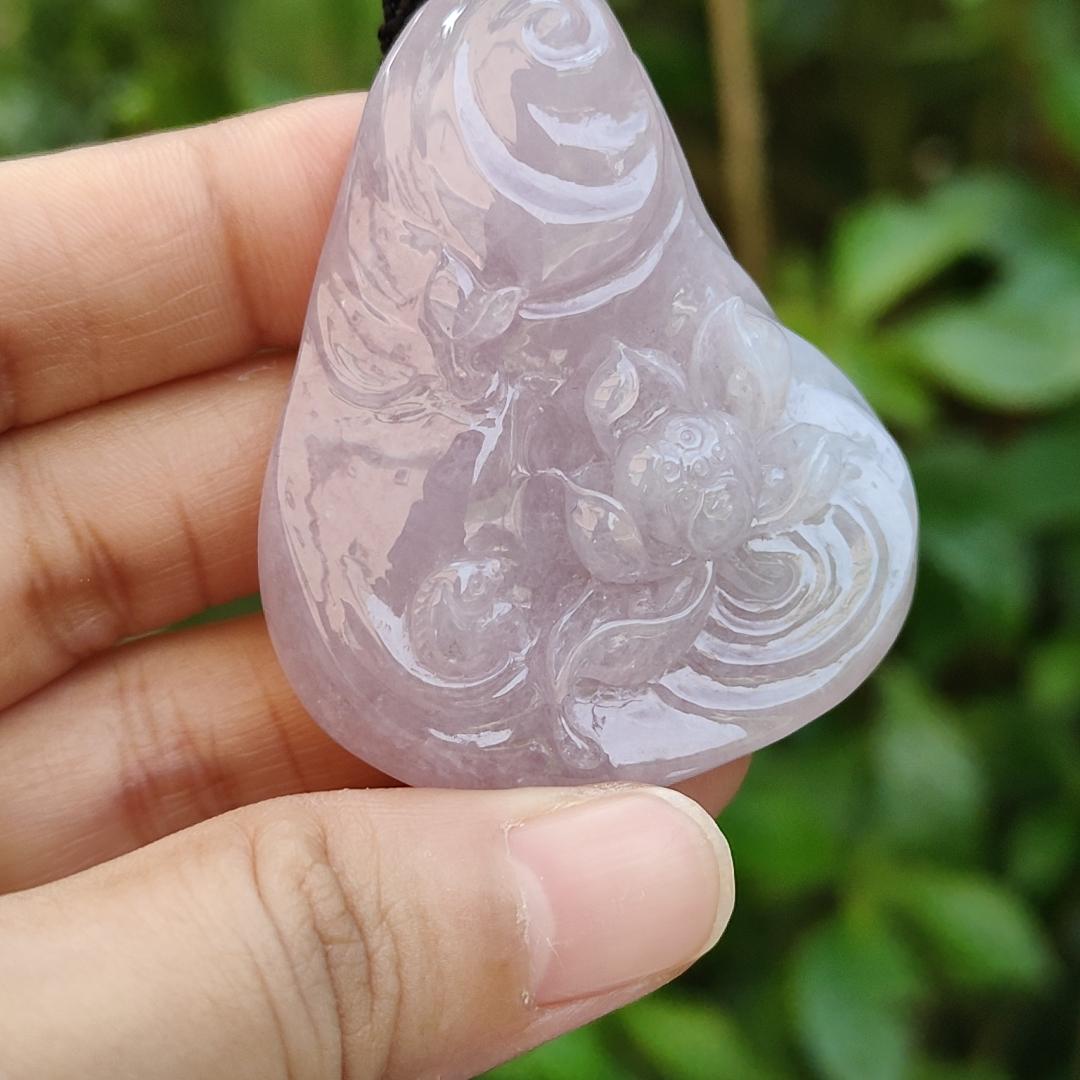 Very Rare Pinkish Lavender Natural Type A Pendant carved with lotus flower and fish with NGI Gemstone report weight 204.27 grams, 51.50 * 42.43 * 12.85 mm , Full Lavender Translucent fine grain crystal aggregate very rare pendant (pendant130)