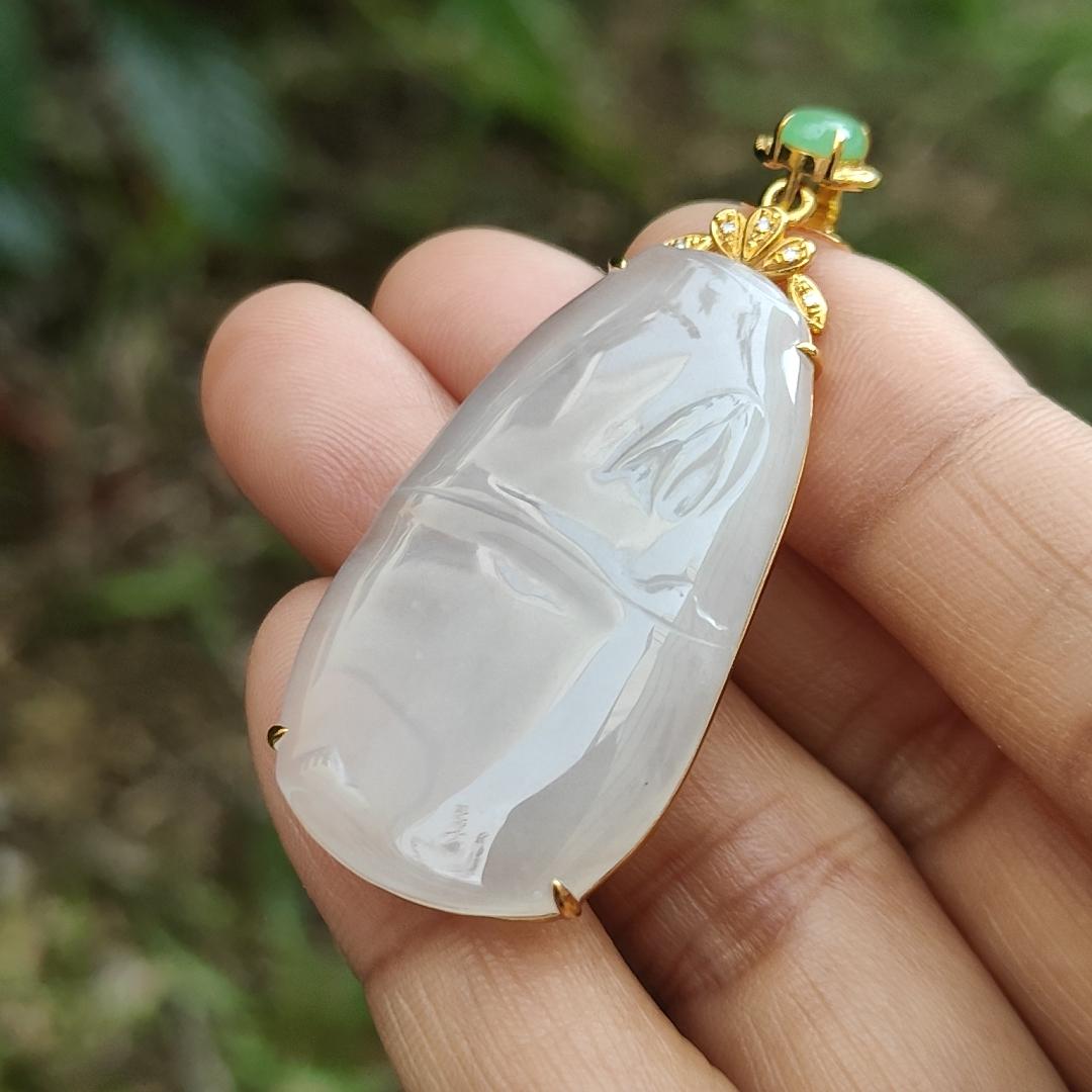 Icy Translucent Natural Type A Jadeite Jade crafted as Bamboo set on 18k gold with diamonds as Pendant, certificate weighs 9.99 grams, measurement 38.2 * 21.6 * 4.9 mm (18kp40)