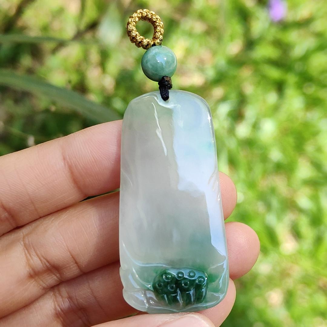 Icy Good Translucency with Green Natural Type A Jadeite Pendant Necklace crafted with Buddha and Lotus, certificate included weigh 13.2 grams, 46.2 * 22.5 * 6.3 mm