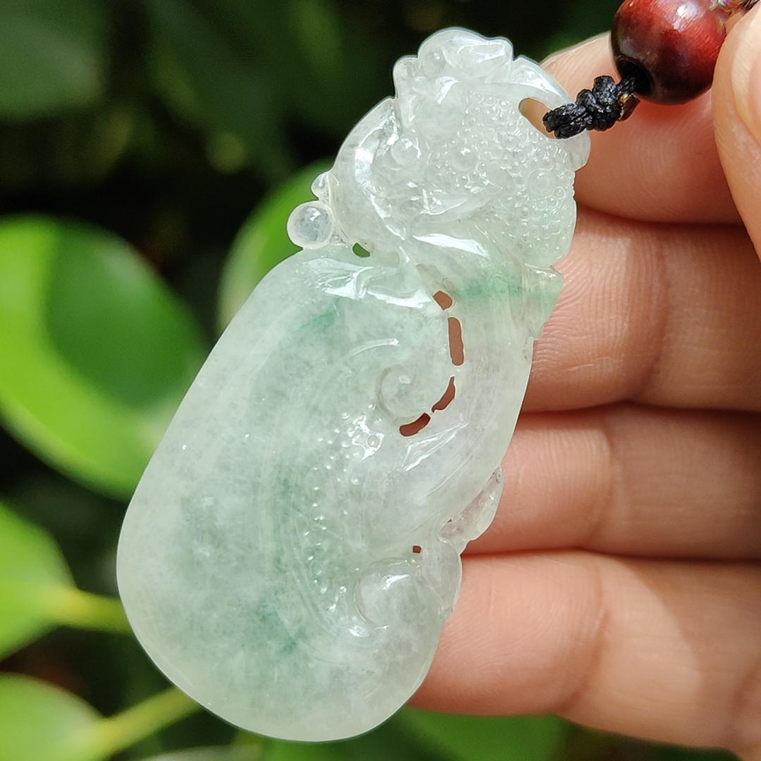 High Quality Light Green Hue Natural Type A Jadeite Jade crafted with shape of Ruyi and Three Legs Toad as Pendant, certificate weighs 13.02 grams, measurement 47.8 * 22.8 * 9 mm (pendant291)