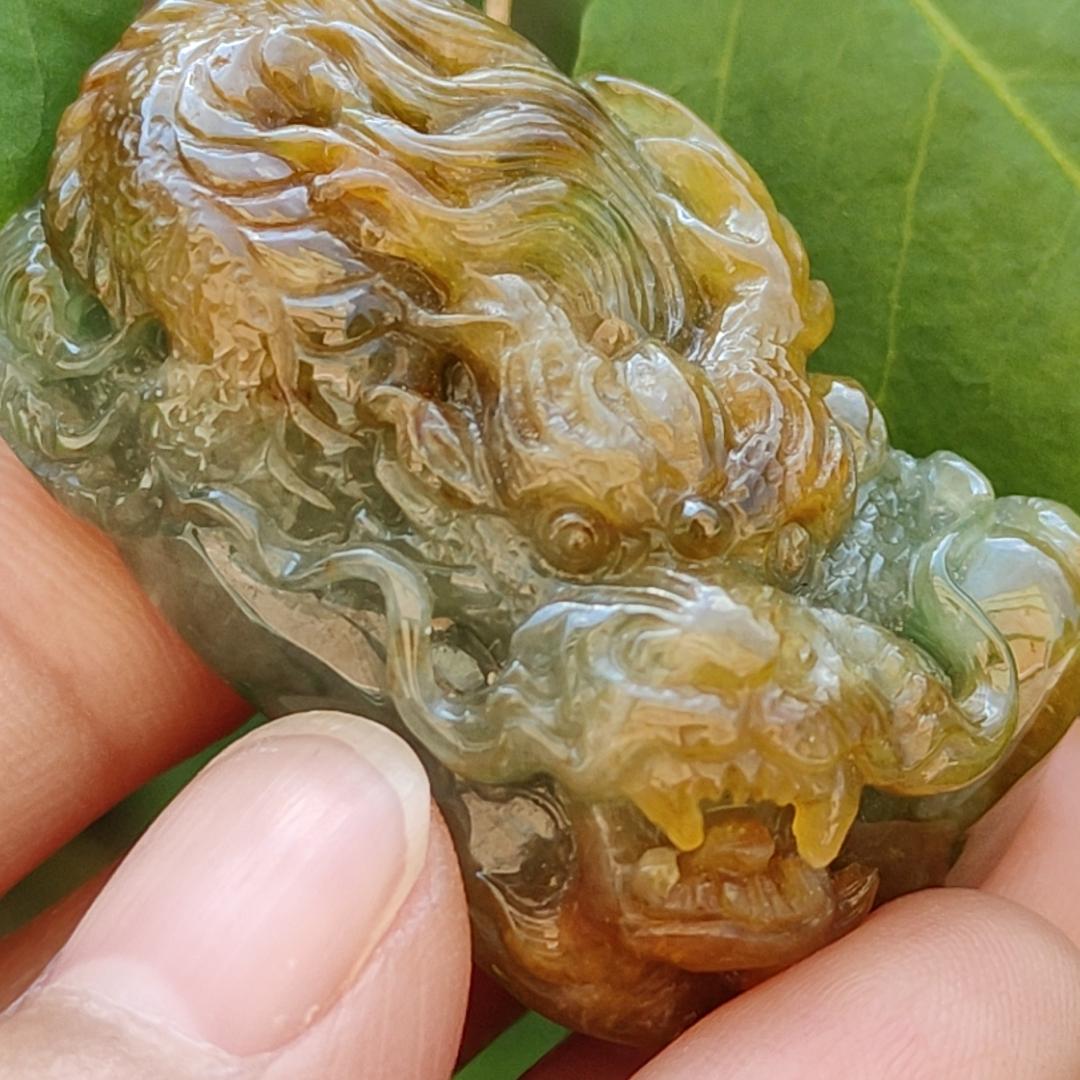 Green and Brown Two Colours Natural Type A Jadeite Pendant carved as Dragon with certificate weighs 33.15 grams, 41.8 * 26.5 * 16.5 mm, meaning Power and dignity, spirit of courage and perseverance, Prosperity and wealth (pendant88)