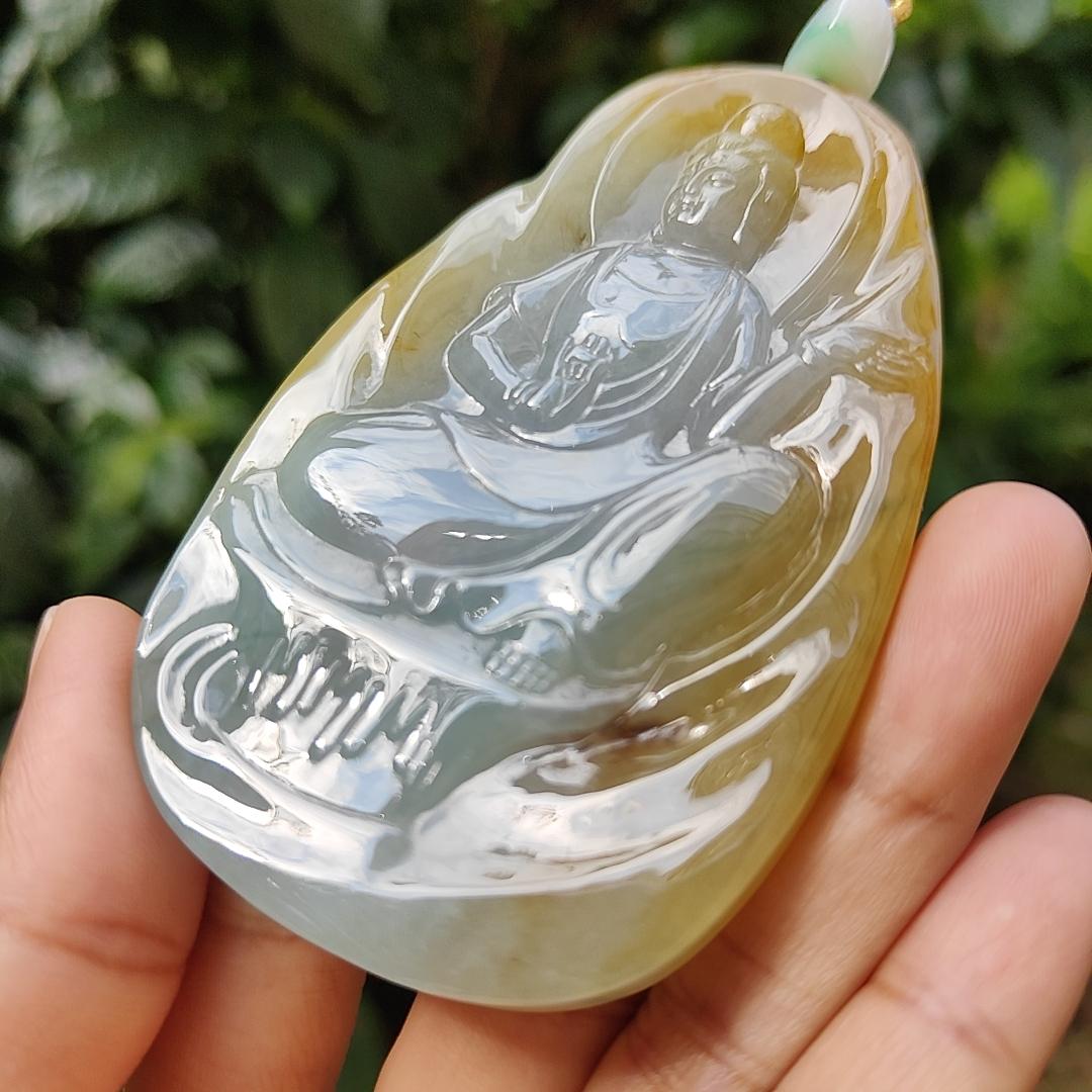 Hugh High Quality Light Green, Yellow Brown and Red Natural Type A Jadeite Jade crafted as Guanyin for Pendant, certificate weighs 79.47 grams, measurement 83.3 * 52.6 * 8.5 mm (pendant282)