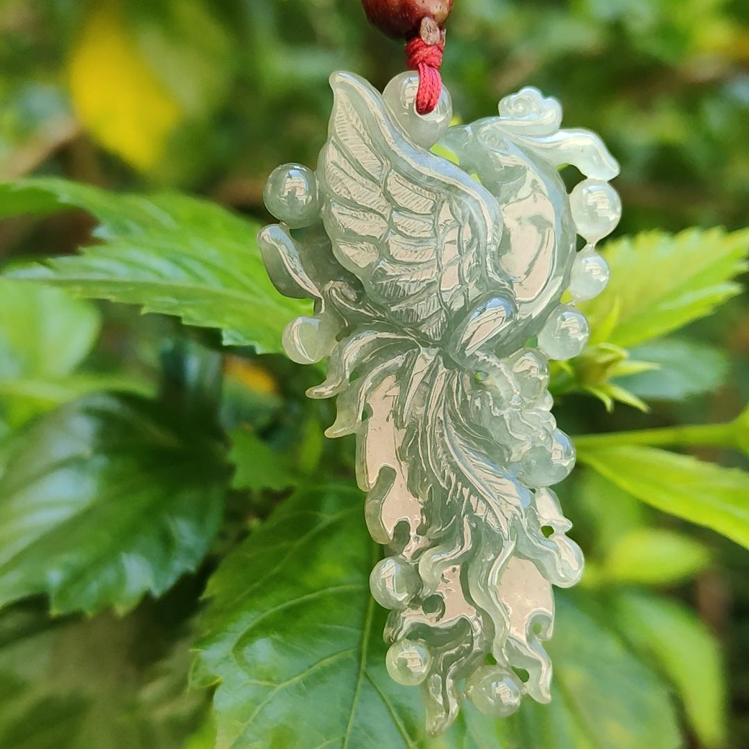 Green Pheonix Natural Type A Jadeite Pendant with certificate weighs 21.83 grams, 58 * 33.9 * 12.1 mm, meaning Endless, brave and strong, not forgetting also represent good luck, suitable for daily wear (pendant87)