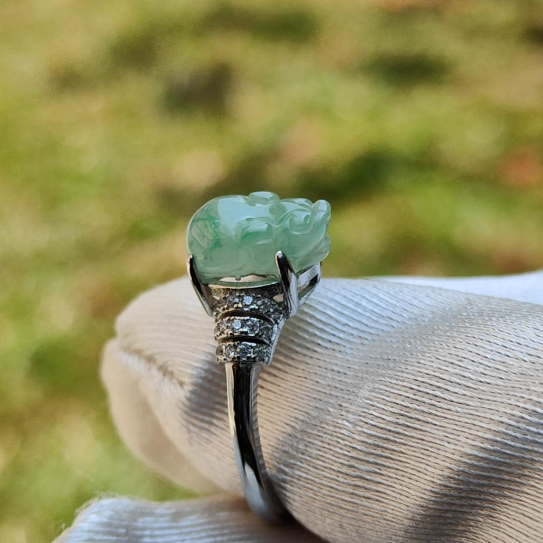 Icy Light Green with green patches Natural Type A Jadeite Jade crafted as Pixiu set on S925 adjustable as Ring with certificate weigh 2.68 grams, measurement 10.5 * 7.7 * 4.6 mm (s925ring7)