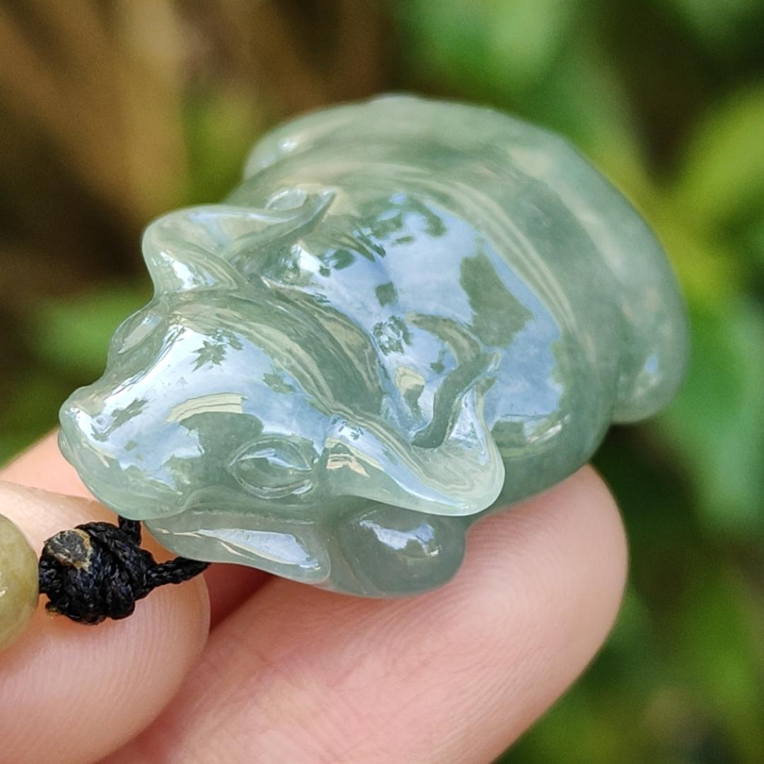 Oil Green Natural Type A Jadeite Pendant carved as water buffalo representing Hardworking and Simple, Unstoppable, Strong and Healthy and Turn the Tide, certificate include weighs 14.56 grams, 34.6 * 23.6 * 11.5 mm, suitable for daily wear (pendant80)