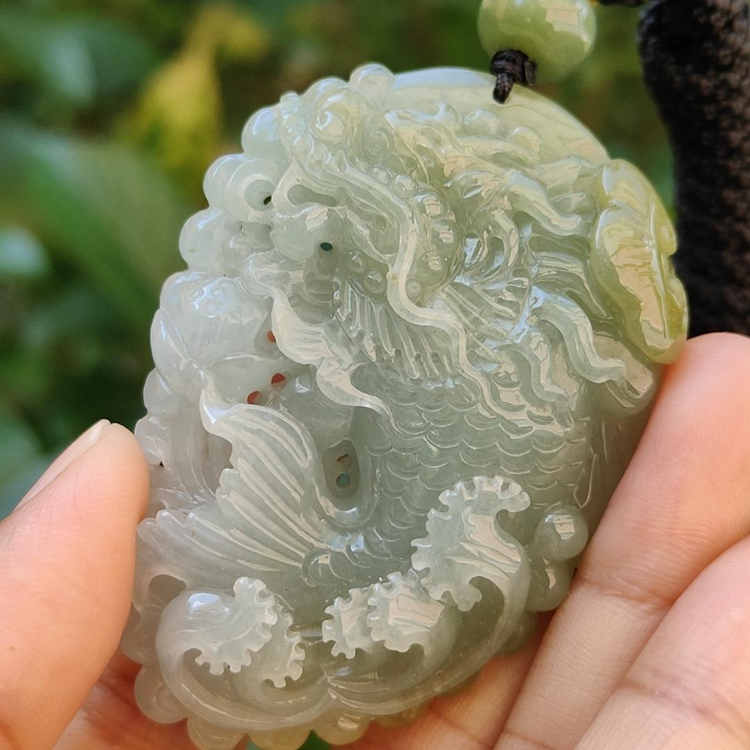 Tea Green Yellow Natural Type A Jadeite Pendant Carved as Dragon Head Fish Body meaning Prosperity, wealth and happiness with certificate weighs 49.67 grams, 62.60 * 43.50 * 12.10 mm (pendant93)