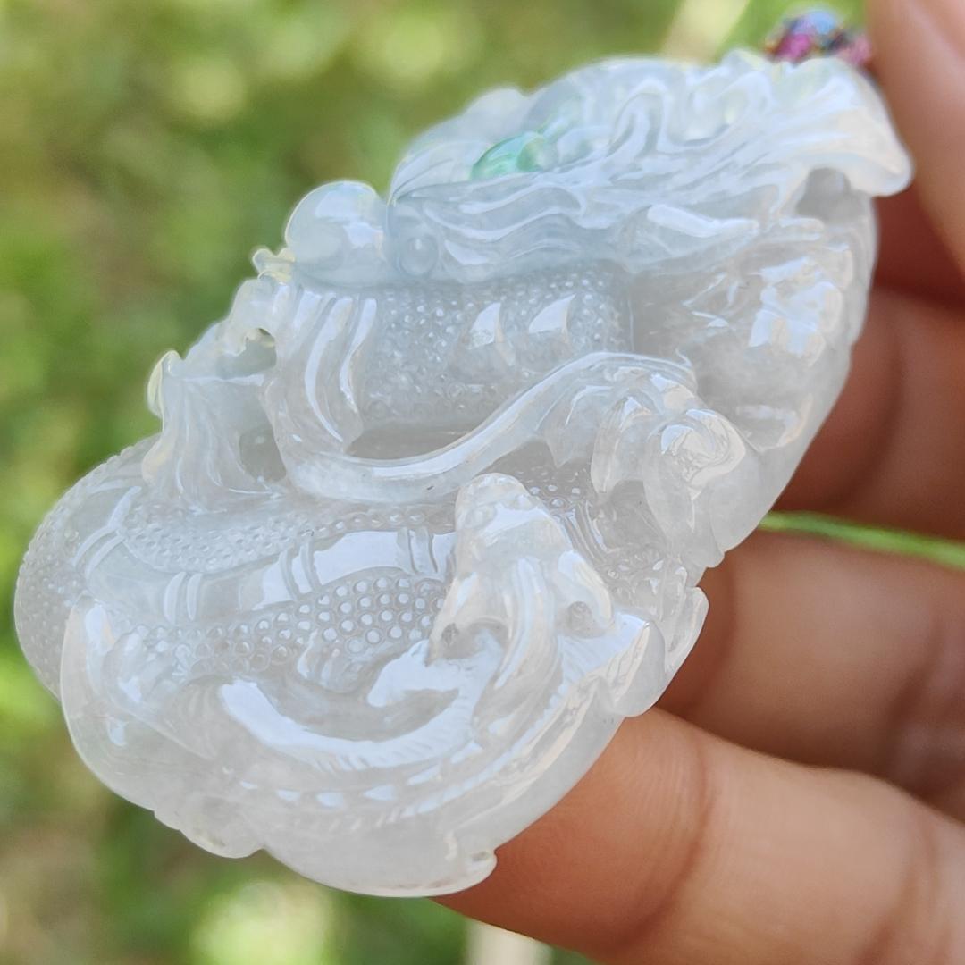 High Quality Semi Icy Translucent Light Green Light Lavender Natural Type A Jadeite Jade crafted with Dragon as Pendant, certificate weighs 35.24 grams, measurement 55.7 * 33.3 * 13.3 mm (pendant264)