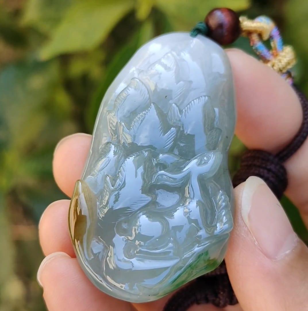 Green, Bluish Green, Brown Natural Type A Jadeite Pendant Necklace crafted as Nine Tails Fox symbols, Increase the relationship with the opposite sex and enhance personal charm plus good luck, certificate weigh 30 grams, 57 * 29.3 * 9.3 mm (pendant50)