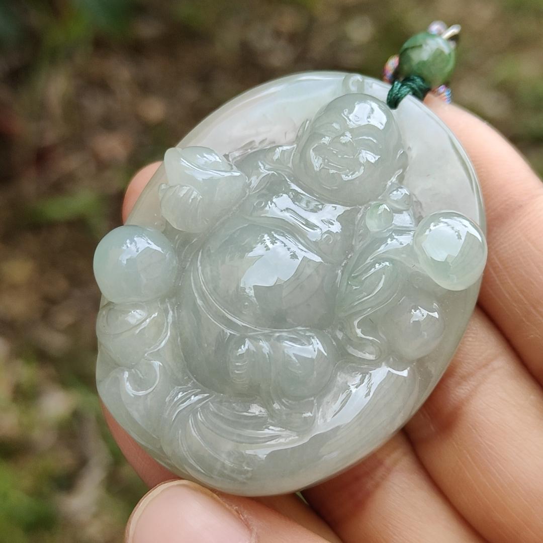 High Quality Natural Type A Jadeite Jade crafted as Ruyi Milo Buddha as Pendant, certificate weighs 47.74 grams, measurement 50.2 * 40.5 * 12.9 mm (pendant254)