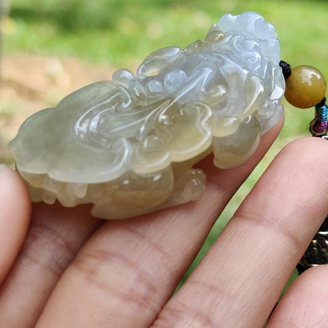 Hight Quality Pair of Yellow with Light Green Hue Natural Type A Jadeite Jade crafted as Pixiu for Pendant, certificate weighs 30.53 grams , 30.35 grams, measurements 50.5 * 26 * 11.5 / 50.5 * 26.2 * 11.5 mm (pendant278)