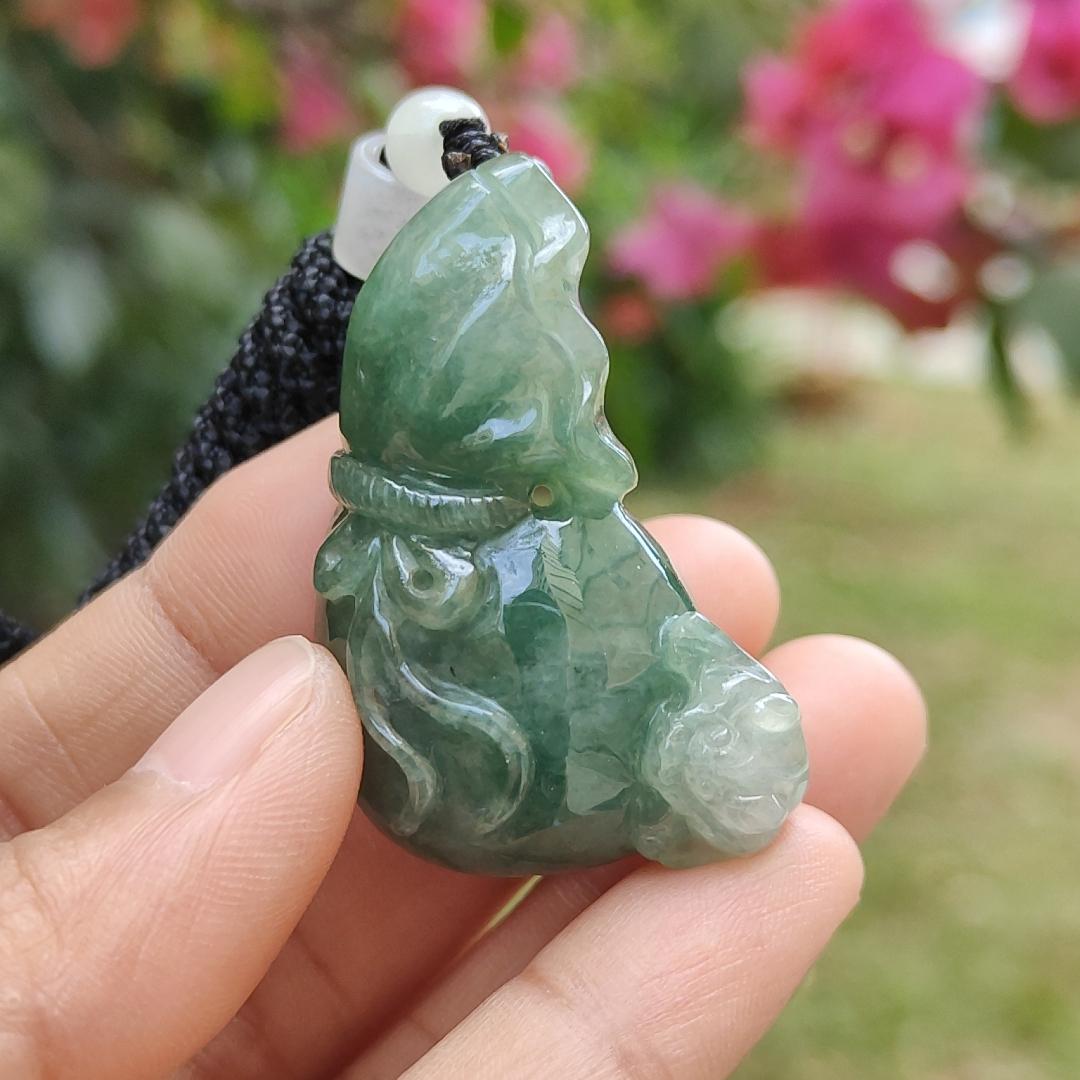 Dark Green Natural Type A Jadeite Jade crafted with Three legs toad on Money Pouch as Pendant with certificate weigh 26.67 grams, measurement 42 * 18.5 * 14 mm (pendant230)