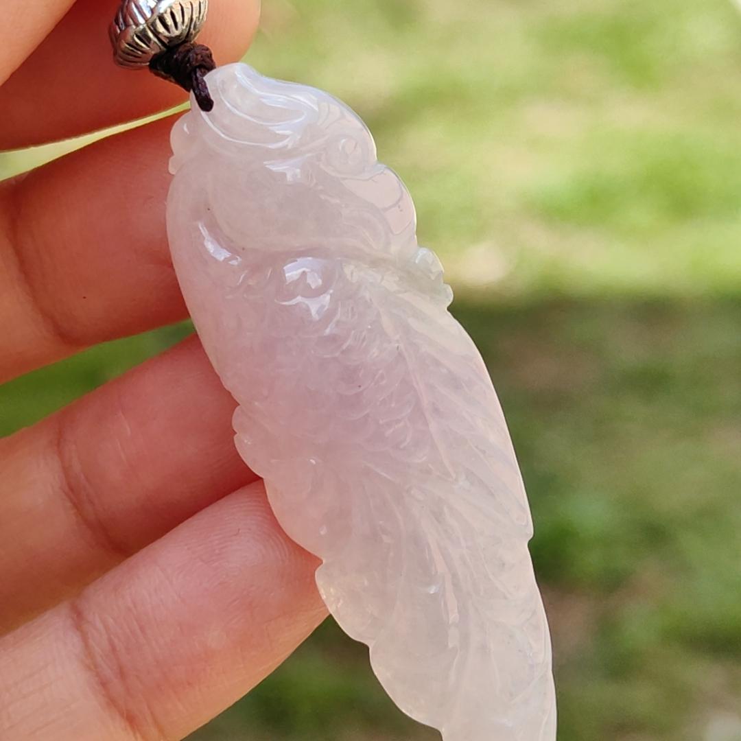 Rare Pinkish Light Lavender Hue Natural Type A Jadeite Pendant Necklace crafted as Parrot symbols of Wise and brave, heroic with certificate weigh 11.33 grams, 51.3 * 17.8 * 8.6 mm, mid-year offer and suitable for daily wear or collections (pendant28)