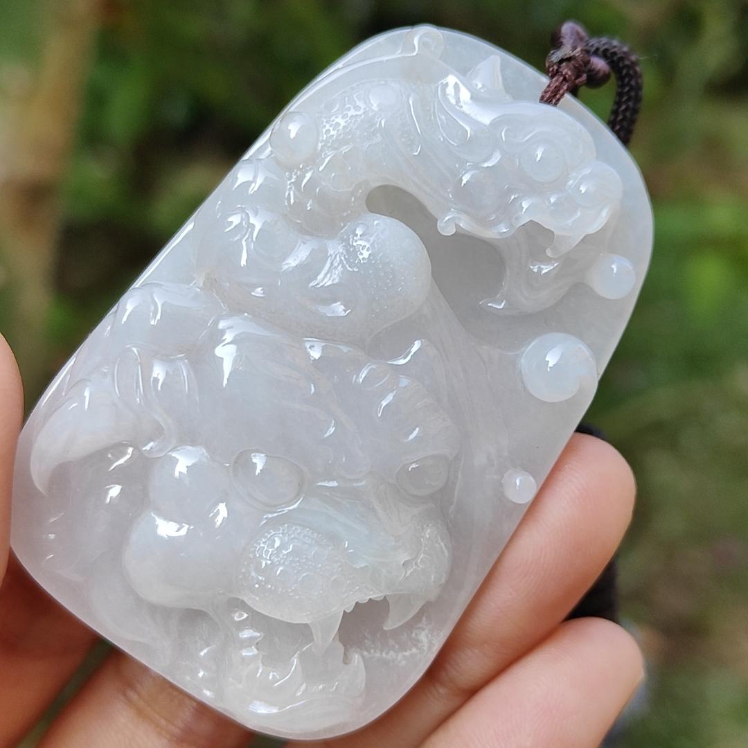 Rare Old Collection White Natural Type A Jadeite Jade crafted with Dragon and Tiger as Pendant, Certificate weigh 44.48 grams, Measurement 60.5 * 40.2 * 9.5 mm (pendant218)