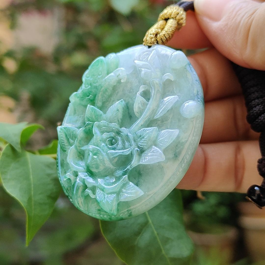 Green with green patches Natural Type A Jadeite Pendant carved with Butterfly and flowers represents Sweet Love with happy marriage, wealthy with flowers blooming and mutual love, certificate weigh 26.02 g, 49.3 * 40.6 * 6.8 mm (pendant84)