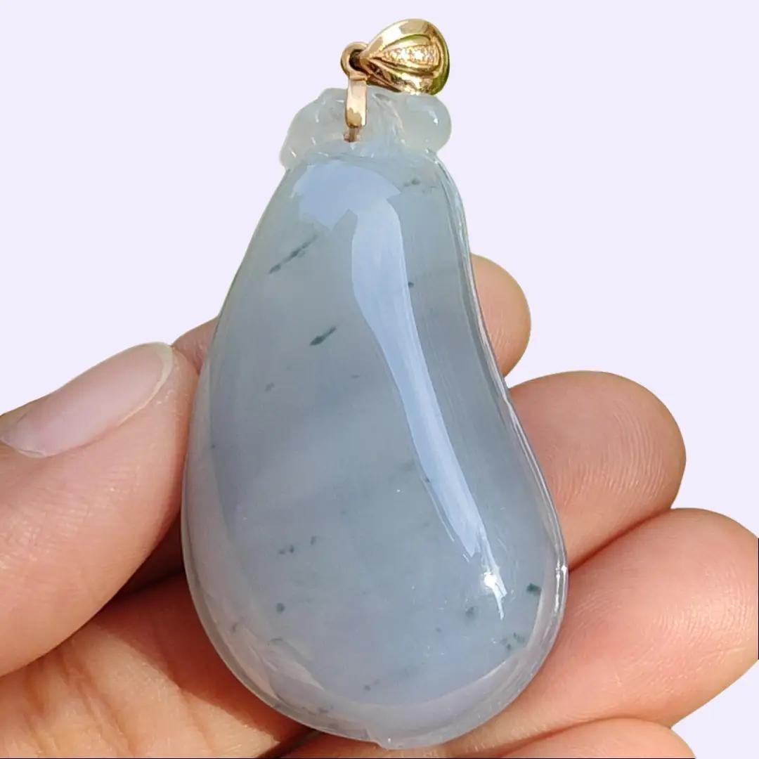 High Quality Light Lavender with Light Green Natural Type A Jadeite Jade crafted as shape of Fugua set with 18k Gold Clasp as Pendant, certificate weighs 23.61 grams, measurement 44.8 * 25.2 * 12 mm (18kp47)