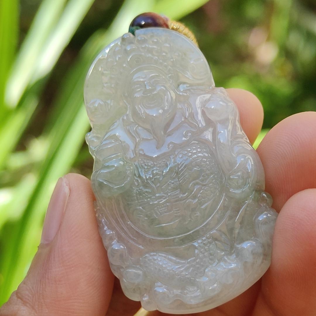 High Quality Icy Translucent Light Green Natural Type A Jadeite Jade crafted with Fortune God as Pendant, certificate weighs 16.37 grams, measurement 50.8 * 29.2 * 6 mm (pendant265)