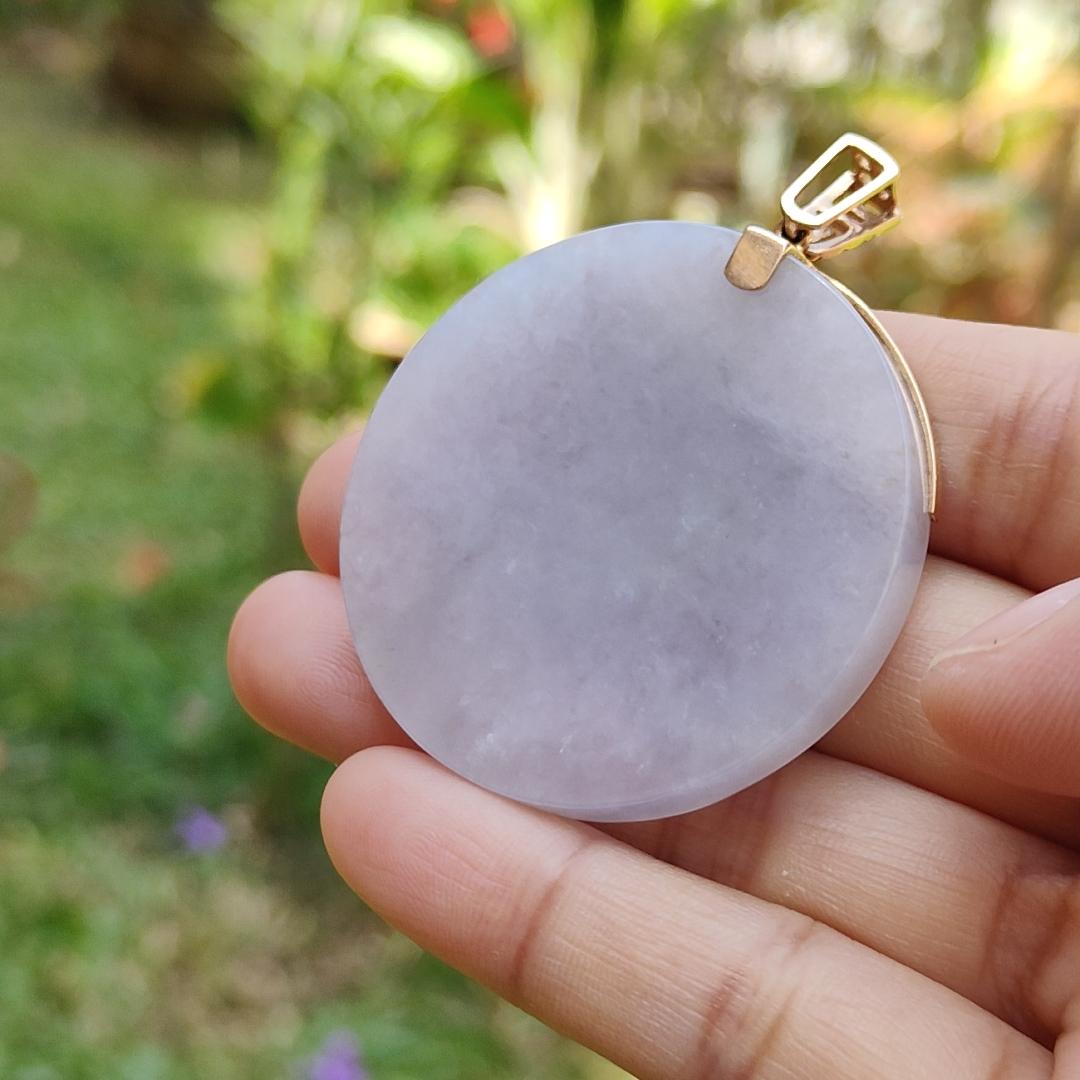 Light Lavender Natural Type A Jadeite Jade Crafted with nothing, round shape set with 18 k gold as pendant, certificate weigh 29.85 grams, measurement 43.7 * 42.9 * 5.6 mm (18kp23)