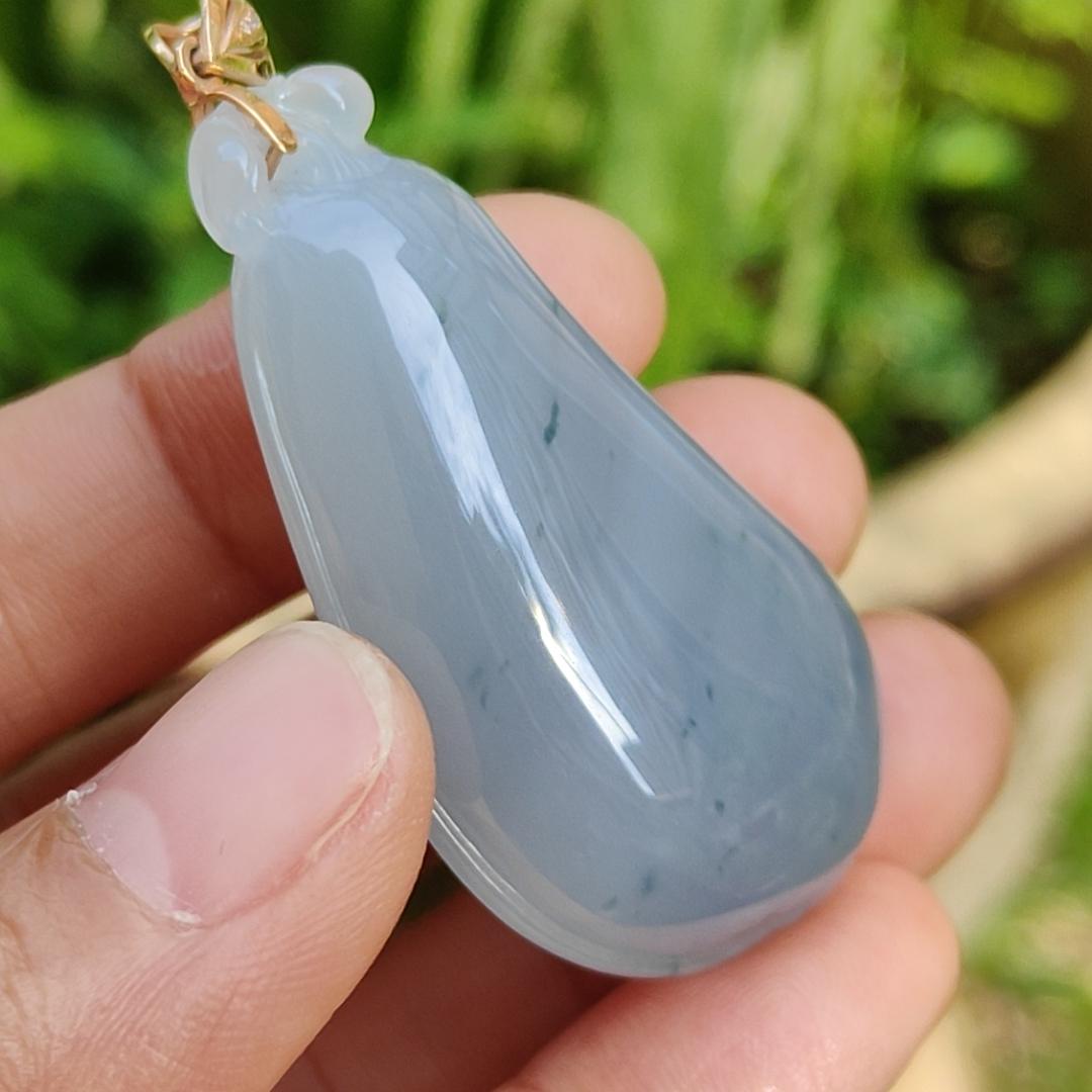 High Quality Light Lavender with Light Green Natural Type A Jadeite Jade crafted as shape of Fugua set with 18k Gold Clasp as Pendant, certificate weighs 23.61 grams, measurement 44.8 * 25.2 * 12 mm (18kp47)