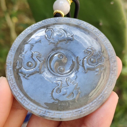 The Four Divine Beasts with Qiankun Yin and Yang eight trigrams Black Natural Type A Jadeite Pendant with certificate weigh 31.14 grams, 57.3 * 57.3 * 5.3 mm, suitable for daily wear or hang in your car or house (pendant60)