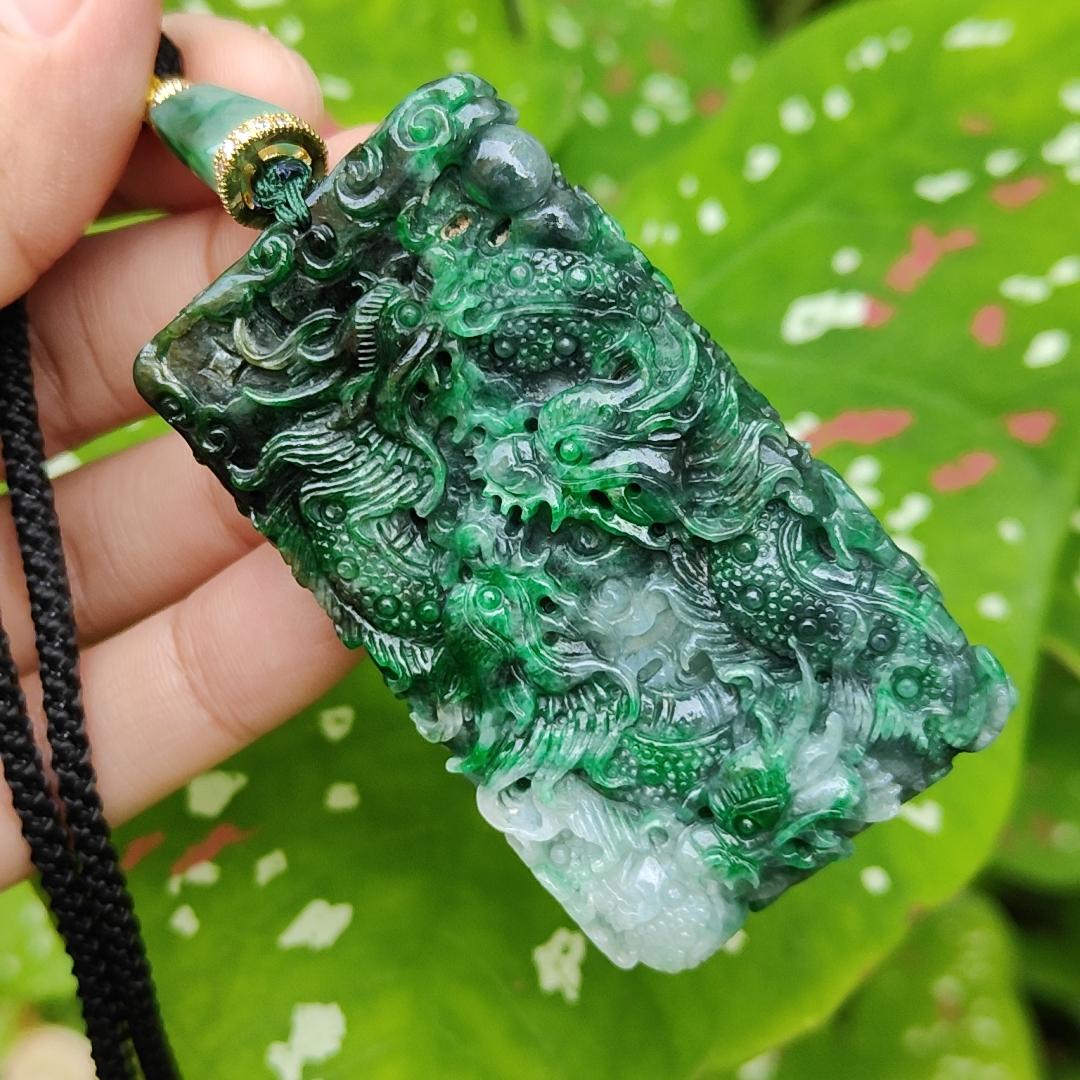 Lots of Green with Wuji carved as nine dragons Natural Type A Jadeite pendant with certificate weight 45.16 grams, 60.30 * 35.30 * 9.90 mm suitable for daily wear (pendant120)