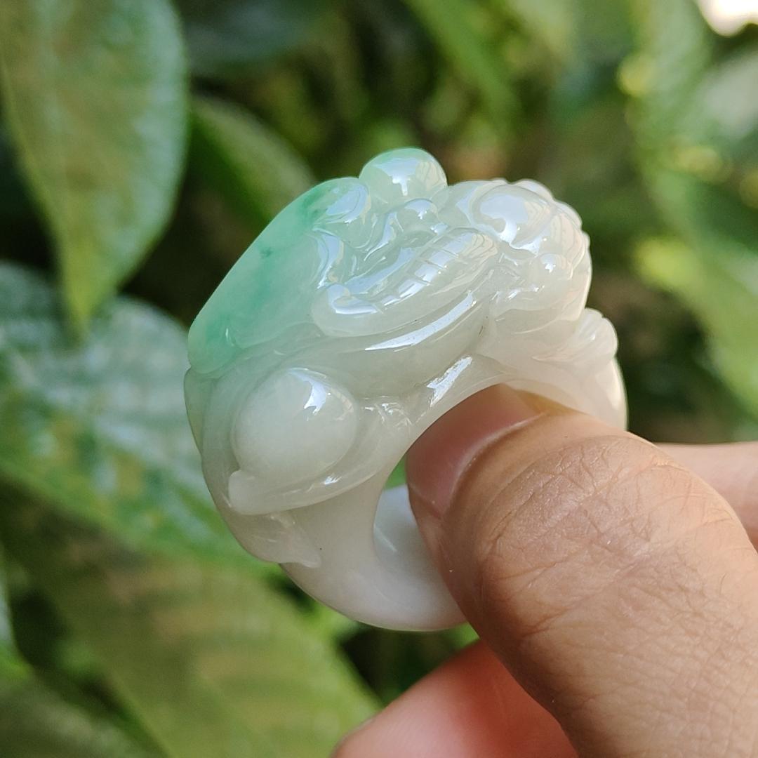 Rare Quality Light Green with White Natural Type A Jadeite Jade crafted with Pixiu and Ruyi as Ring, certificate weigh 31.97 grams, measurement 36.2 * 16 * 13, Finger size 19.5 mm (ring5)