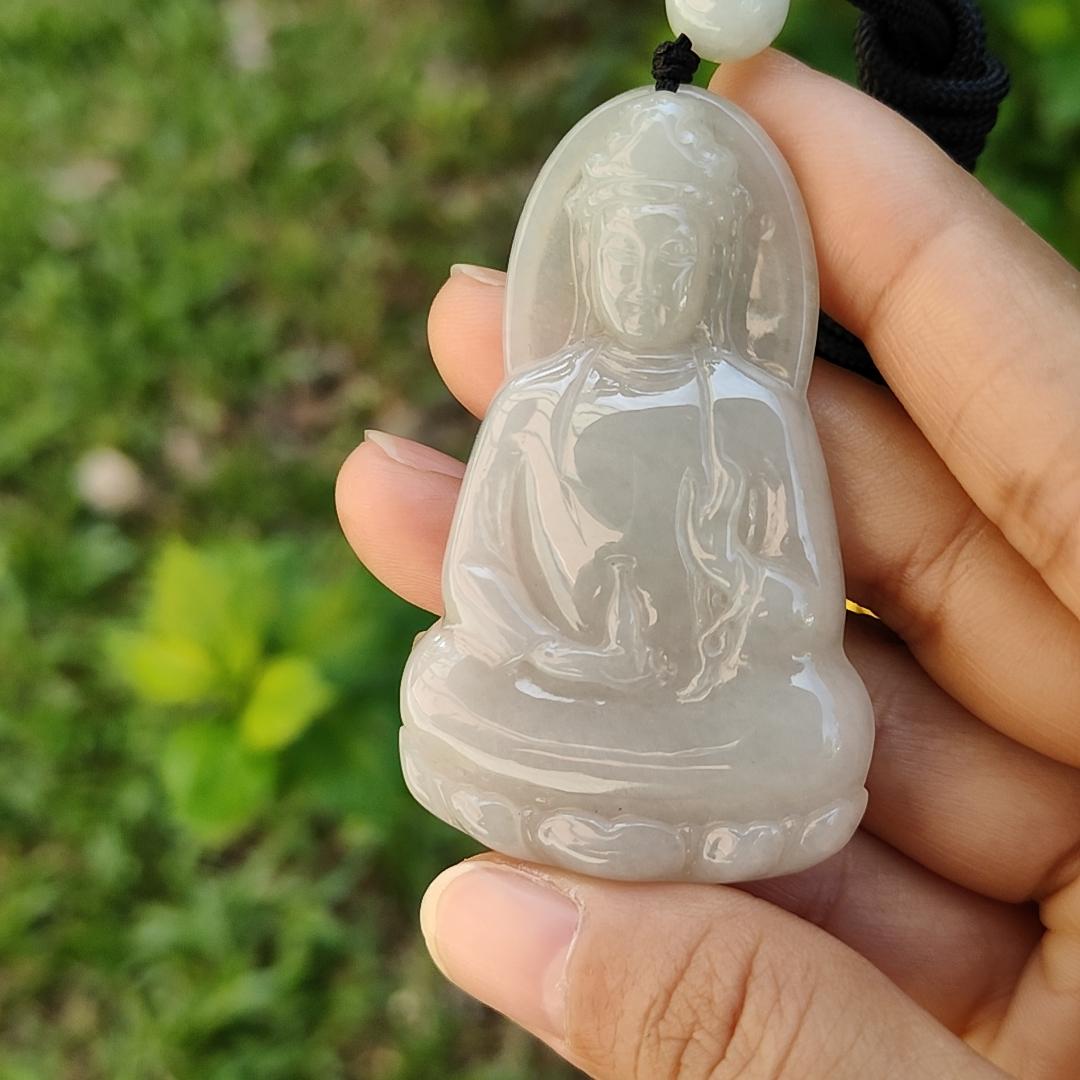 Semi Icy Natural Type A Jadeite Pendant carved as Guanyin with certificate weighs 23.87 grams, 60.3 * 37.1 * 6.2 mm, represents Compassion, wisdom and peace, suitable for daily wear (pendant83)