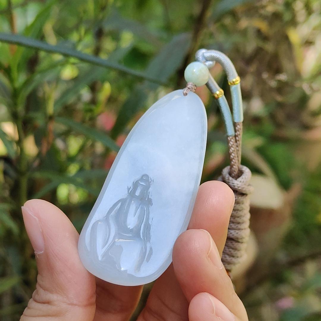 Crafted as the faceless buddha Semi Icy Natural Type A Jadeite Pendant Necklace with certificate weigh 14.03 grams, 58 * 26 * 4.9 mm, suitable for daily wear