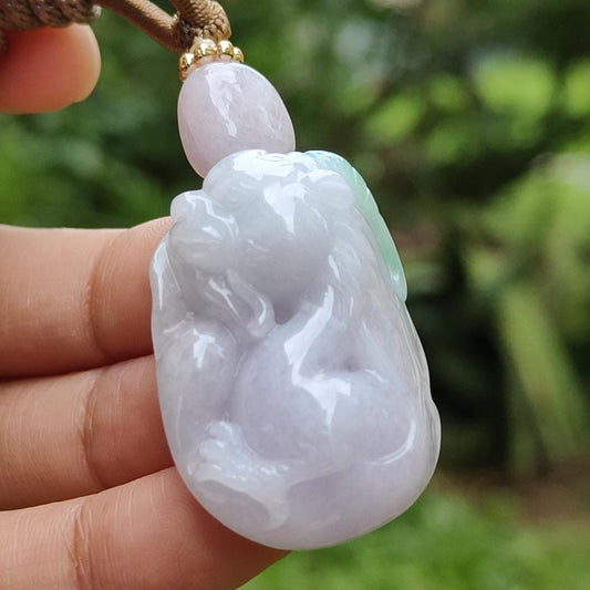 Green and Purle unique and stylish Natural Type A Jadeite pendant crafted with Dragon, come with QIC approved labs certificate weight 19.20 grams, 34 * 24.2 * 11.6 mm very suitable for daily wear or collection (pendant112)