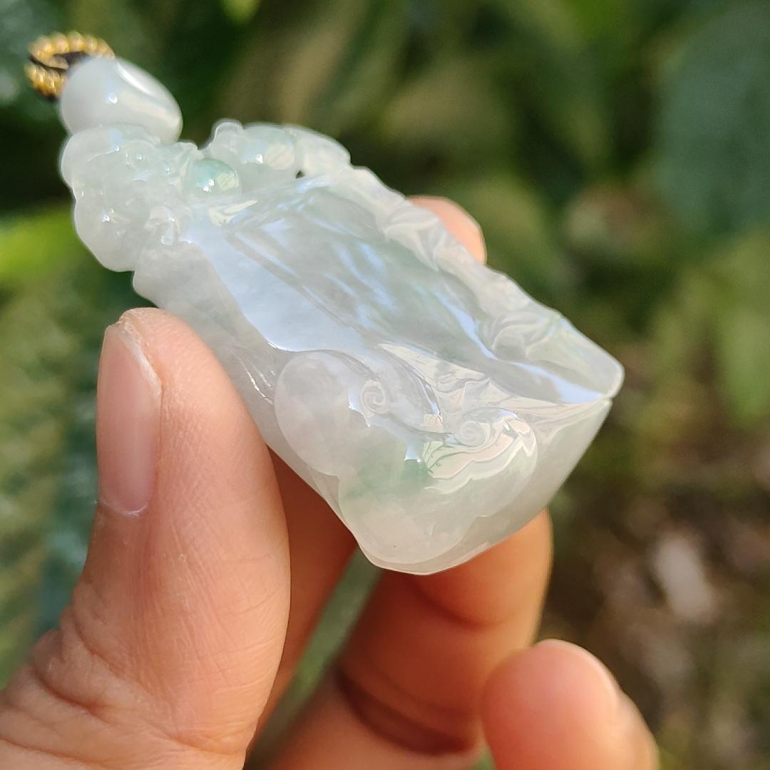 Crafted as Bamboo with Pixiu on it, Light Green patches Natural Type A Jadeite Jade Pendant Necklace with certificate weigh 24.54 grams, measurement 41.3 * 24.6 * 11.7 mm (pendant177)