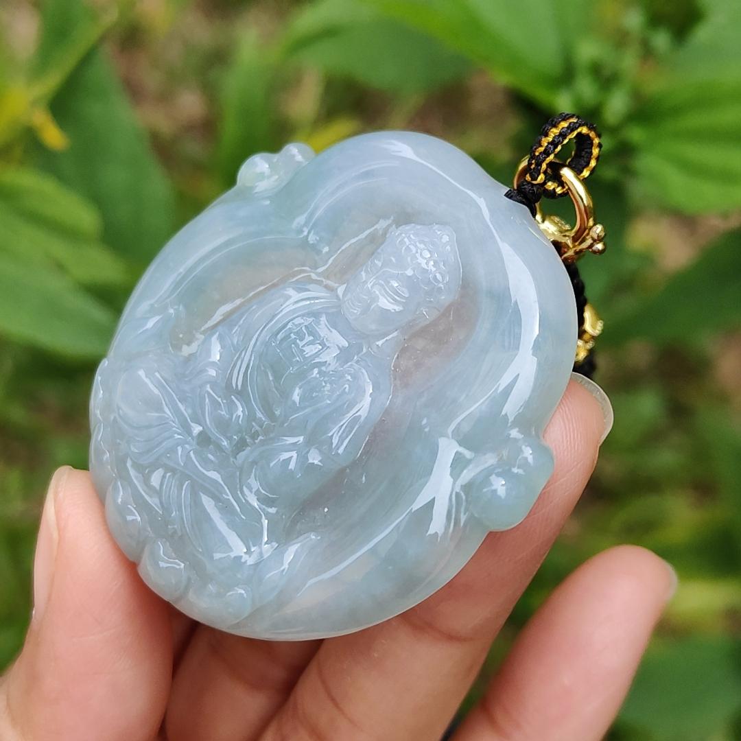 Semi Icy Bluish Green Hue Natural Type A Jadeite Pendant Crafted as Buddha with certificate included weigh 26.65 grams, 48.3 * 48.9 * 7 mm, suitable for daily wear