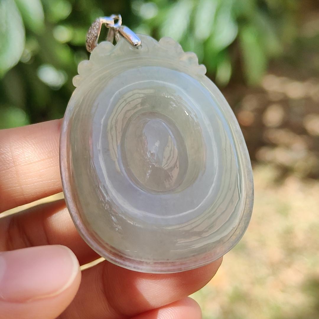 Good Quality Light Green Hue Icy Natural Type A Jadeite Jade crafted with Fobe as pendant, meaning Good luck, happiness, wealth and honor, certificate weigh 19.03 grams, measurement 50.2 * 36.3 * 6.2 mm (pendant234)